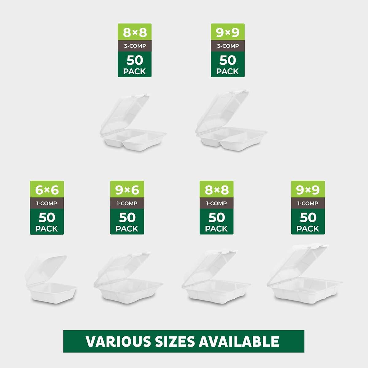 Freshware Clamshell Food Containers with Lids [8x8"] 3-Compartment 50-Pack, Disposable To Go Containers, Biodegradable Sugarcane To Go Boxes - Paper Containers - Microwave & Freezer Safe, Stackable - Image 7