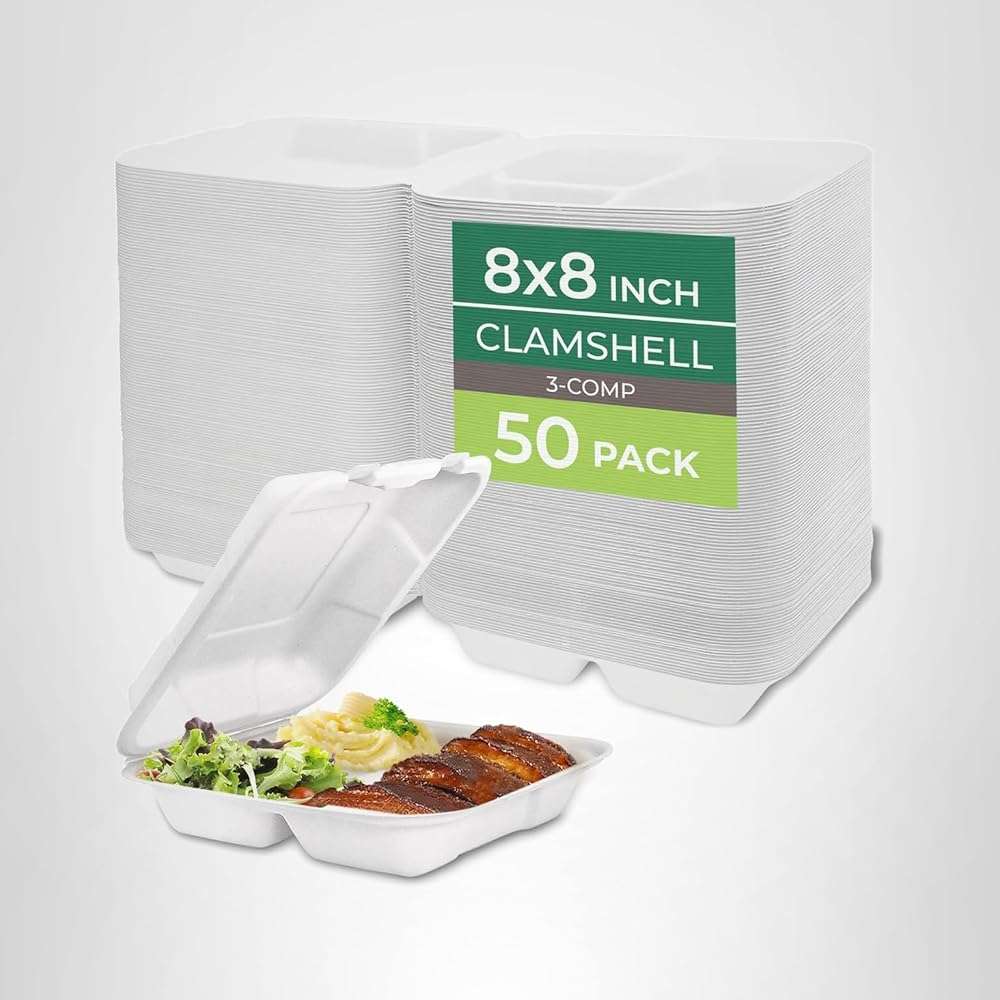 Freshware Clamshell Food Containers with Lids [8x8"] 3-Compartment 50-Pack, Disposable To Go Containers, Biodegradable Sugarcane To Go Boxes - Paper Containers - Microwave & Freezer Safe, Stackable - Image 9
