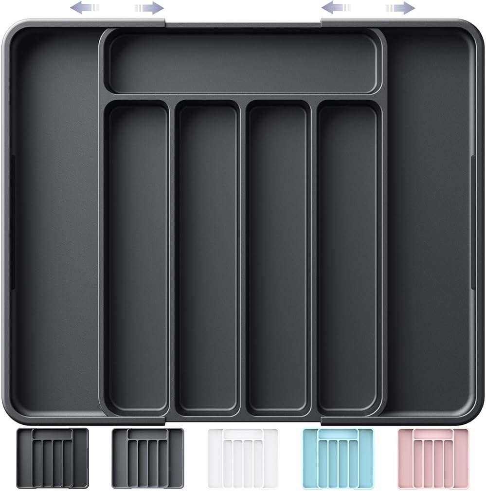 Kitsure Cutlery Drawer Organiser for Kitchen - Adjustable Cutlery Tray for Effortless Utensil Sorting, Versatile Kitchen Storage & Organisation Solution, 12.13" x 1.54" x 8.07"~13.90", Black - Image 1