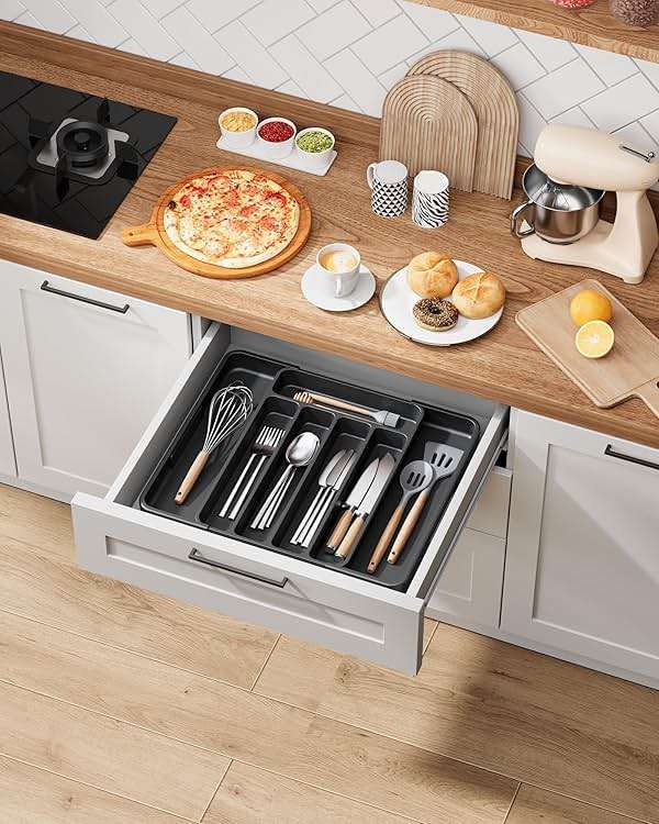 Kitsure Cutlery Drawer Organiser for Kitchen - Adjustable Cutlery Tray for Effortless Utensil Sorting, Versatile Kitchen Storage & Organisation Solution, 12.13" x 1.54" x 8.07"~13.90", Black - Image 2
