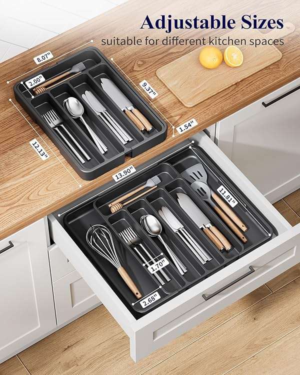 Kitsure Cutlery Drawer Organiser for Kitchen - Adjustable Cutlery Tray for Effortless Utensil Sorting, Versatile Kitchen Storage & Organisation Solution, 12.13" x 1.54" x 8.07"~13.90", Black - Image 3