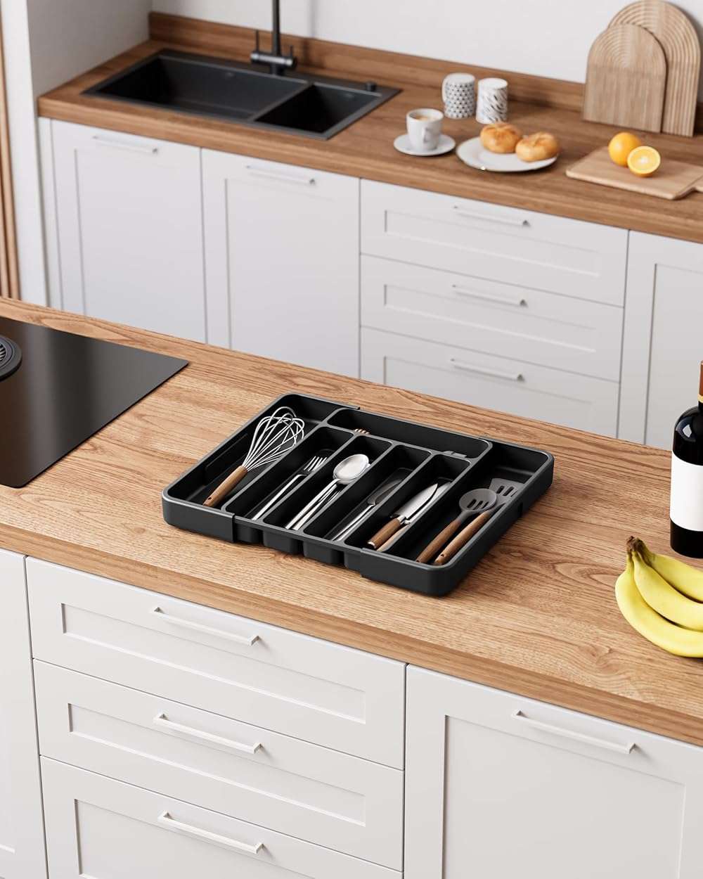 Kitsure Cutlery Drawer Organiser for Kitchen - Adjustable Cutlery Tray for Effortless Utensil Sorting, Versatile Kitchen Storage & Organisation Solution, 12.13" x 1.54" x 8.07"~13.90", Black - Image 4