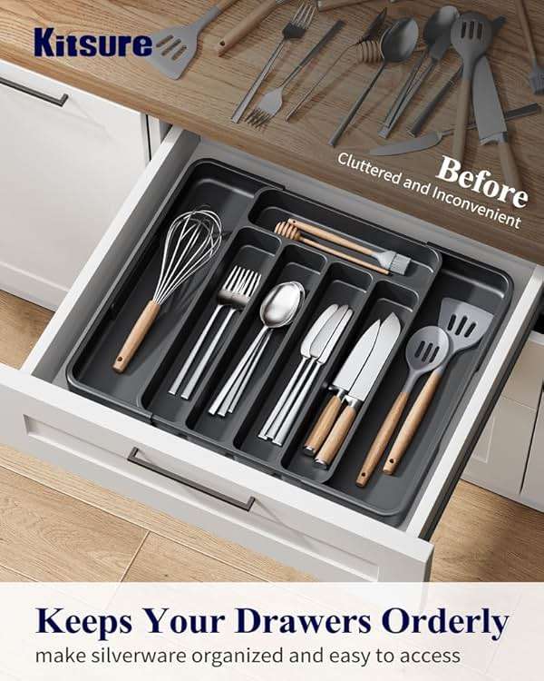 Kitsure Cutlery Drawer Organiser for Kitchen - Adjustable Cutlery Tray for Effortless Utensil Sorting, Versatile Kitchen Storage & Organisation Solution, 12.13" x 1.54" x 8.07"~13.90", Black - Image 5
