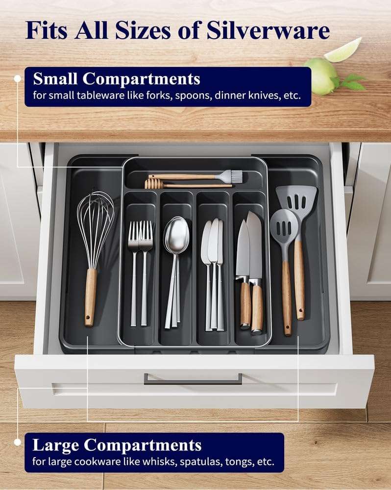 Kitsure Cutlery Drawer Organiser for Kitchen - Adjustable Cutlery Tray for Effortless Utensil Sorting, Versatile Kitchen Storage & Organisation Solution, 12.13" x 1.54" x 8.07"~13.90", Black - Image 6