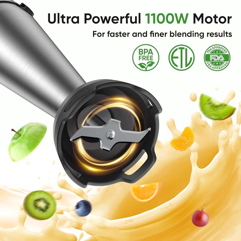 Immersion Blender Handheld 1100W 3 in 1 Corded Stick Hand Blenders for Kitchen with Trigger Speed Control, with Whisk, Milk Frother Attachemnts, Perfect Emulsifier for Soup, Smoothie, Puree - Image 3