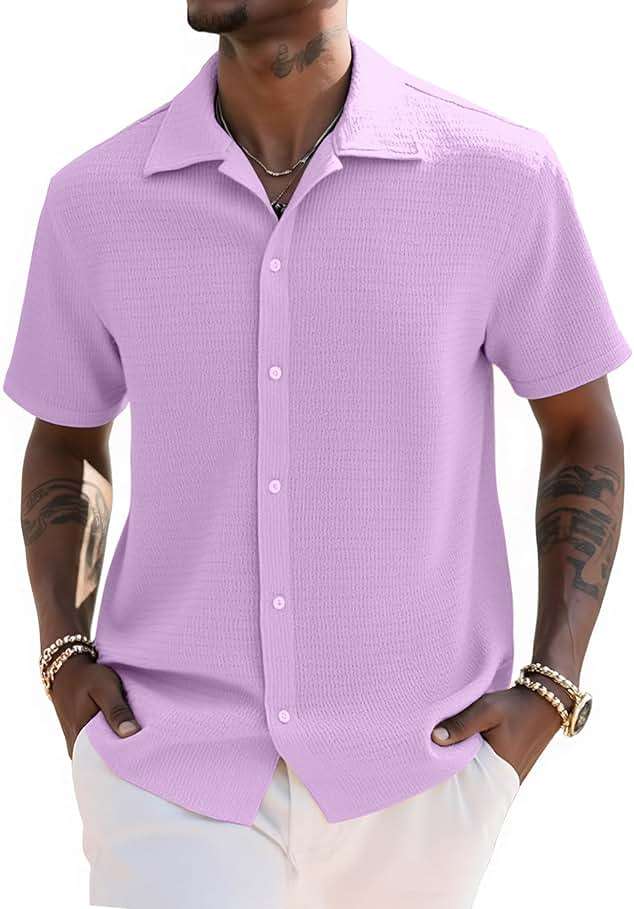 UOUA Men's Casual Button Down Shirts Short Sleeve Summer Textured Tops for Beach Vacation - Image 1