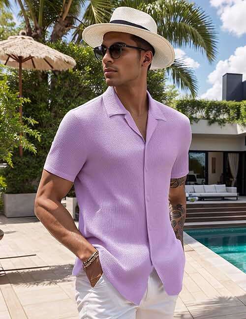 UOUA Men's Casual Button Down Shirts Short Sleeve Summer Textured Tops for Beach Vacation - Image 3