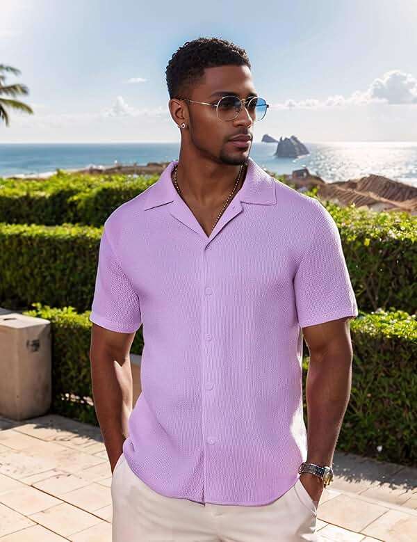 UOUA Men's Casual Button Down Shirts Short Sleeve Summer Textured Tops for Beach Vacation - Image 4