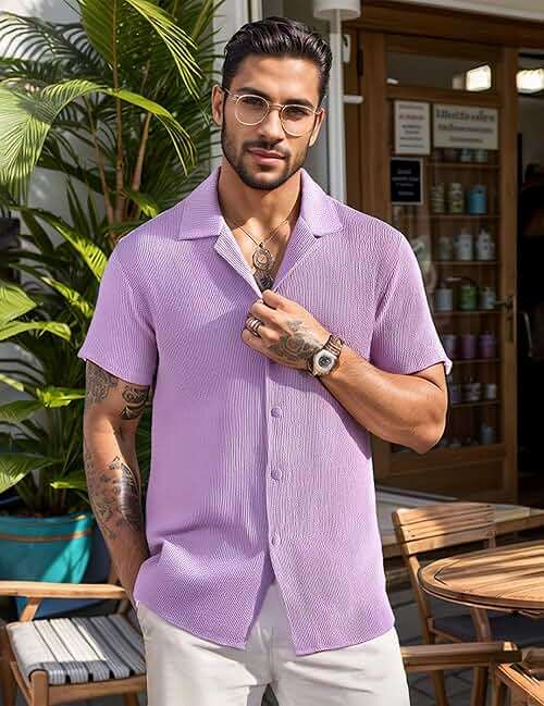 UOUA Men's Casual Button Down Shirts Short Sleeve Summer Textured Tops for Beach Vacation - Image 5