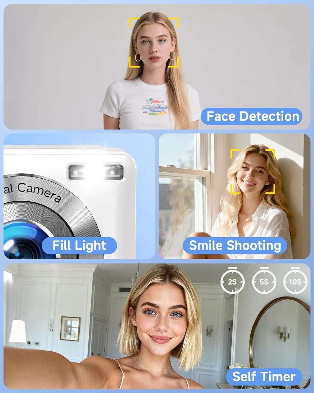 Digital Camera, 44MP FHD 1080P Digital Point and Shoot Camera with Anti Shake, Smile Capture 16X Zoom, Compact Small Camera for Teens Girls Kids Adults(White) - Image 6