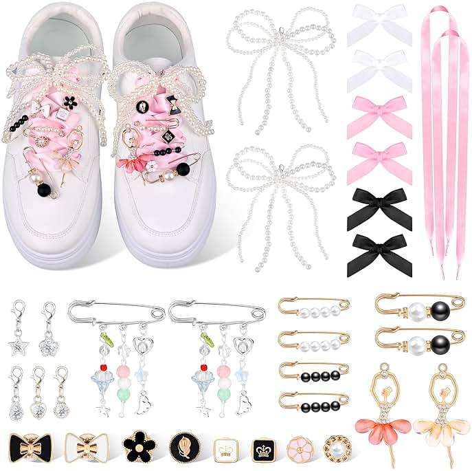 MJOGGOTT 34 Pcs Shoe Charms for Sneakers, Junk Socks Charms, DIY Shoe Lace Charm for Women with Ribbon Lace Shoelaces Contain Bows/Clips/Pins/Jewelry/Pearls Shoe Charm for Clothes, Hats Decoratin - Image 1