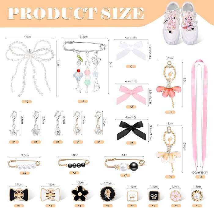 MJOGGOTT 34 Pcs Shoe Charms for Sneakers, Junk Socks Charms, DIY Shoe Lace Charm for Women with Ribbon Lace Shoelaces Contain Bows/Clips/Pins/Jewelry/Pearls Shoe Charm for Clothes, Hats Decoratin - Image 2