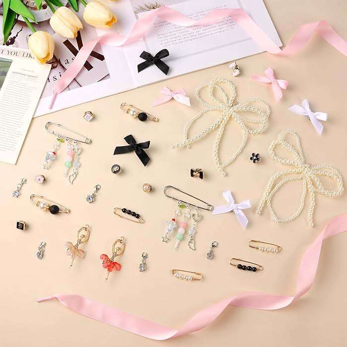 MJOGGOTT 34 Pcs Shoe Charms for Sneakers, Junk Socks Charms, DIY Shoe Lace Charm for Women with Ribbon Lace Shoelaces Contain Bows/Clips/Pins/Jewelry/Pearls Shoe Charm for Clothes, Hats Decoratin - Image 4