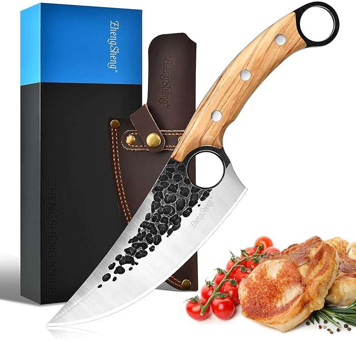 ZhengSheng Forged Viking Kitchen Knife with Olive Wood Grip & Protective Leather Sheath, Perfect for Home Cooking, Camping and BBQ - Image 1
