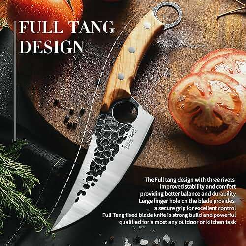 ZhengSheng Forged Viking Kitchen Knife with Olive Wood Grip & Protective Leather Sheath, Perfect for Home Cooking, Camping and BBQ - Image 3