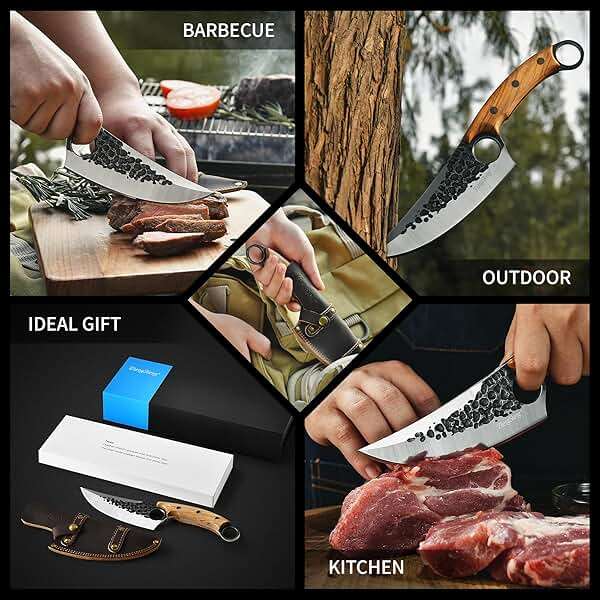 ZhengSheng Forged Viking Kitchen Knife with Olive Wood Grip & Protective Leather Sheath, Perfect for Home Cooking, Camping and BBQ - Image 4