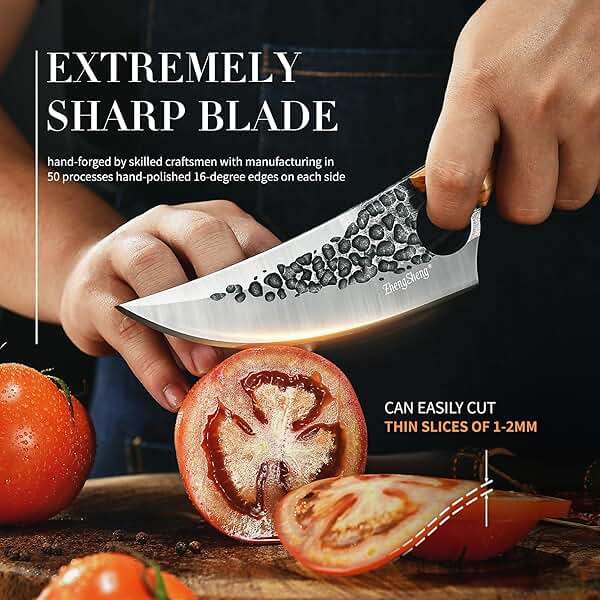 ZhengSheng Forged Viking Kitchen Knife with Olive Wood Grip & Protective Leather Sheath, Perfect for Home Cooking, Camping and BBQ - Image 5