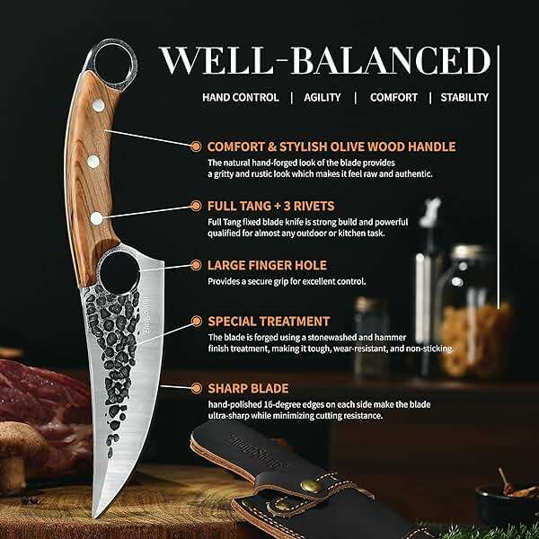 ZhengSheng Forged Viking Kitchen Knife with Olive Wood Grip & Protective Leather Sheath, Perfect for Home Cooking, Camping and BBQ - Image 6