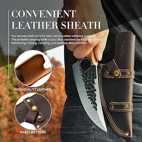 ZhengSheng Forged Viking Kitchen Knife with Olive Wood Grip & Protective Leather Sheath, Perfect for Home Cooking, Camping and BBQ - Image 7