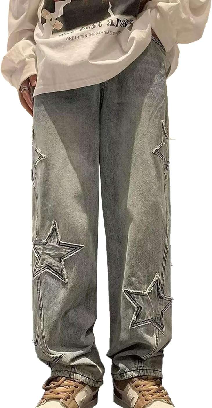 ZUNQKG Womens Baggy Jeans High Waisted Star Torn Patch Teen Girls Y2k Grunge Street Straight Leg Denim - Image 2