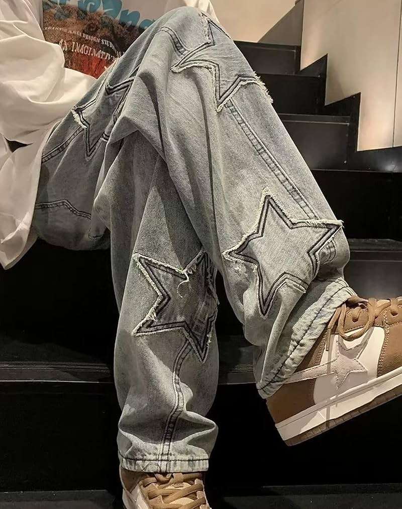 ZUNQKG Womens Baggy Jeans High Waisted Star Torn Patch Teen Girls Y2k Grunge Street Straight Leg Denim - Image 3