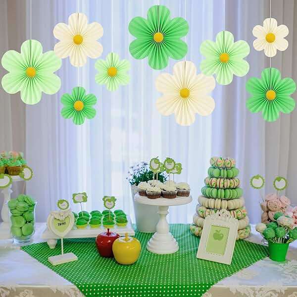 Yuxiou Green Paper Flower Decorations Pack of 9 Green, Ivory & Light Green Fans with Gold Discs for Birthday, Baby Shower, Wedding & Spring Occasions - Image 2