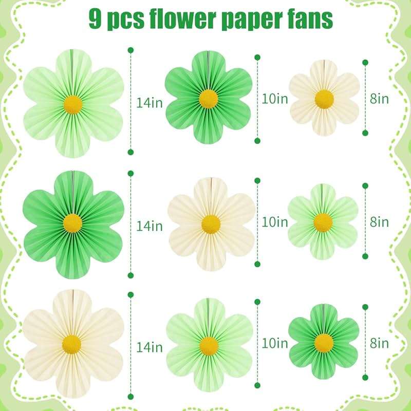 Yuxiou Green Paper Flower Decorations Pack of 9 Green, Ivory & Light Green Fans with Gold Discs for Birthday, Baby Shower, Wedding & Spring Occasions - Image 3