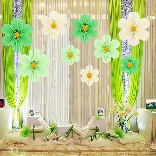 Yuxiou Green Paper Flower Decorations Pack of 9 Green, Ivory & Light Green Fans with Gold Discs for Birthday, Baby Shower, Wedding & Spring Occasions - Image 4