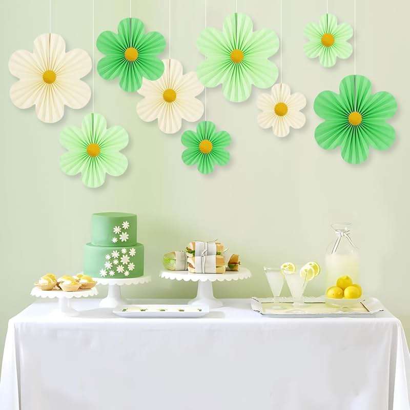 Yuxiou Green Paper Flower Decorations Pack of 9 Green, Ivory & Light Green Fans with Gold Discs for Birthday, Baby Shower, Wedding & Spring Occasions - Image 5