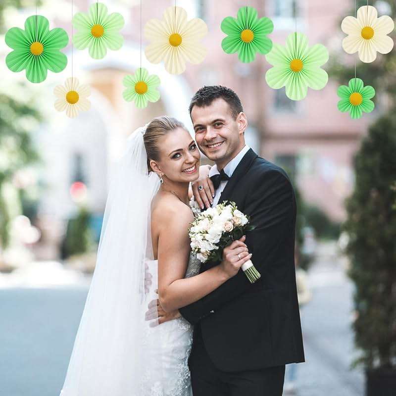 Yuxiou Green Paper Flower Decorations Pack of 9 Green, Ivory & Light Green Fans with Gold Discs for Birthday, Baby Shower, Wedding & Spring Occasions - Image 6