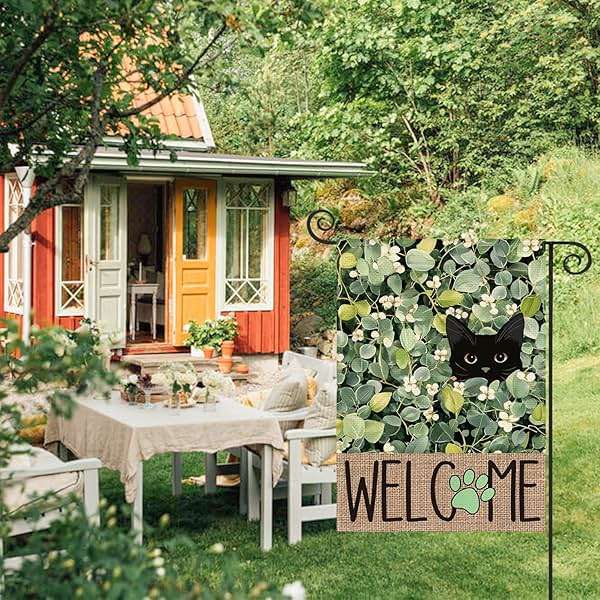 AVOIN colorlife Spring Summer Floral Garden Flag 12x18 Inch Double Sided Outside, Eucalyptus Black Cat Welcome Seasonal Yard Outdoor Flag - Image 2