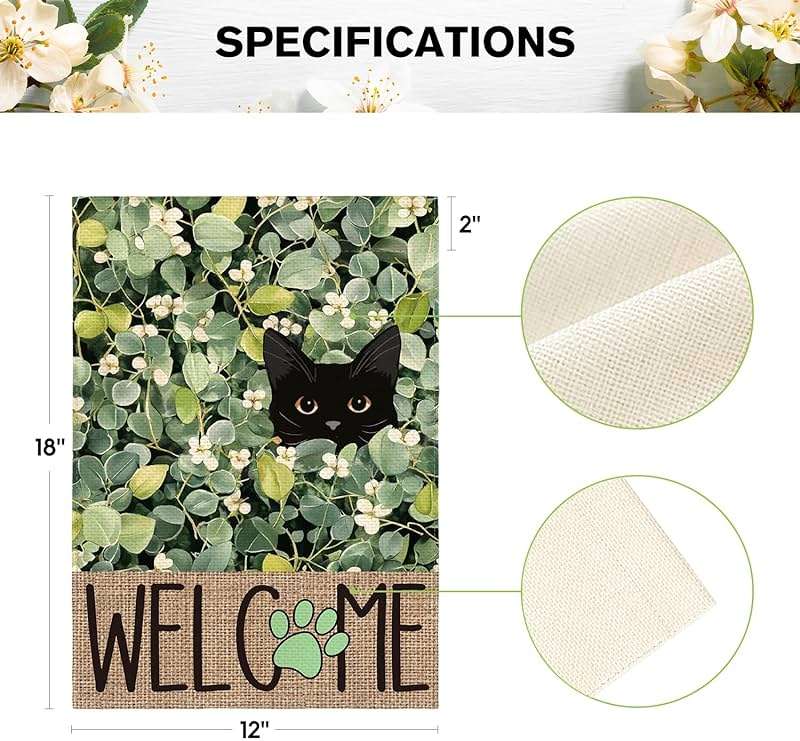 AVOIN colorlife Spring Summer Floral Garden Flag 12x18 Inch Double Sided Outside, Eucalyptus Black Cat Welcome Seasonal Yard Outdoor Flag - Image 3