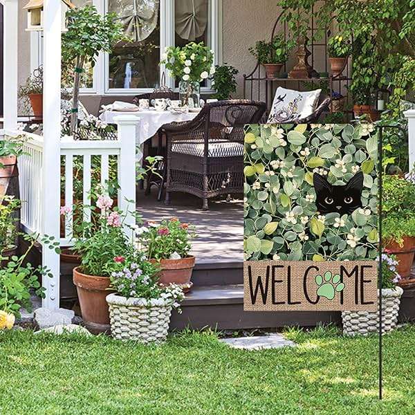 AVOIN colorlife Spring Summer Floral Garden Flag 12x18 Inch Double Sided Outside, Eucalyptus Black Cat Welcome Seasonal Yard Outdoor Flag - Image 4