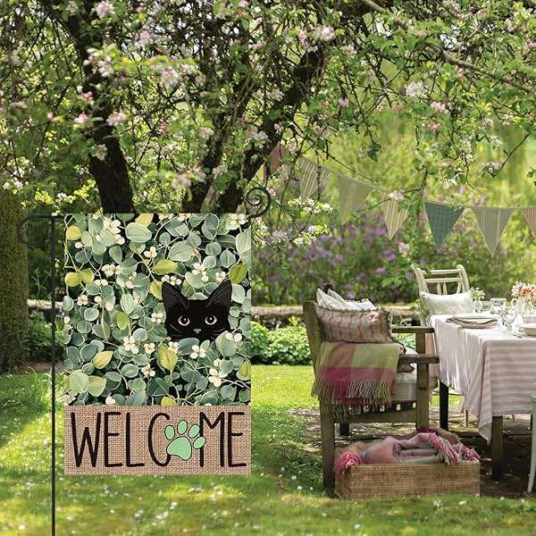 AVOIN colorlife Spring Summer Floral Garden Flag 12x18 Inch Double Sided Outside, Eucalyptus Black Cat Welcome Seasonal Yard Outdoor Flag - Image 5
