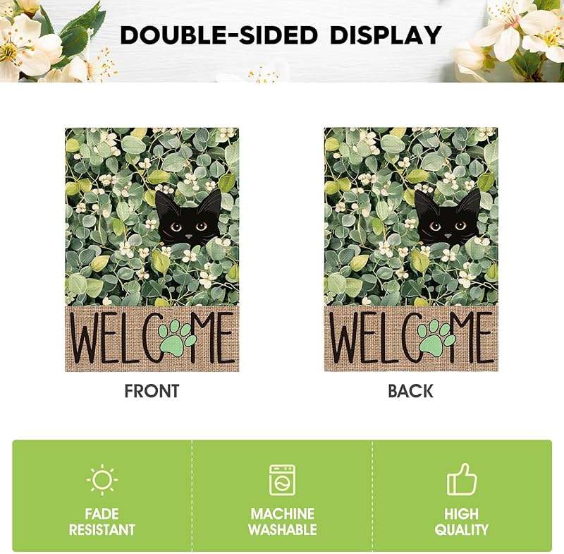 AVOIN colorlife Spring Summer Floral Garden Flag 12x18 Inch Double Sided Outside, Eucalyptus Black Cat Welcome Seasonal Yard Outdoor Flag - Image 6