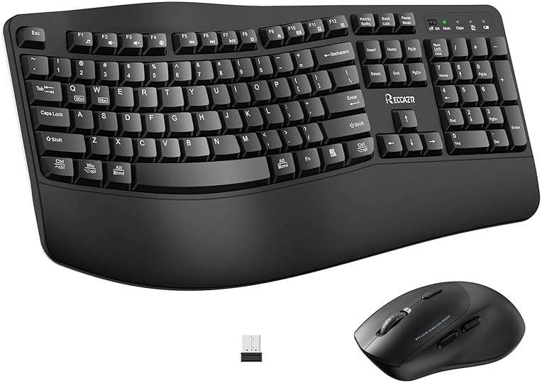 Wireless Keyboard and Mouse Combo,2.4G Full Size Wave Keys Ergonomic Keyboard with Wrist Rest for Natural Typing, 3 DPI Adjustable Ergonomic Silent Mouse for Computer/Laptop/Windows/Mac (Black) - Image 1