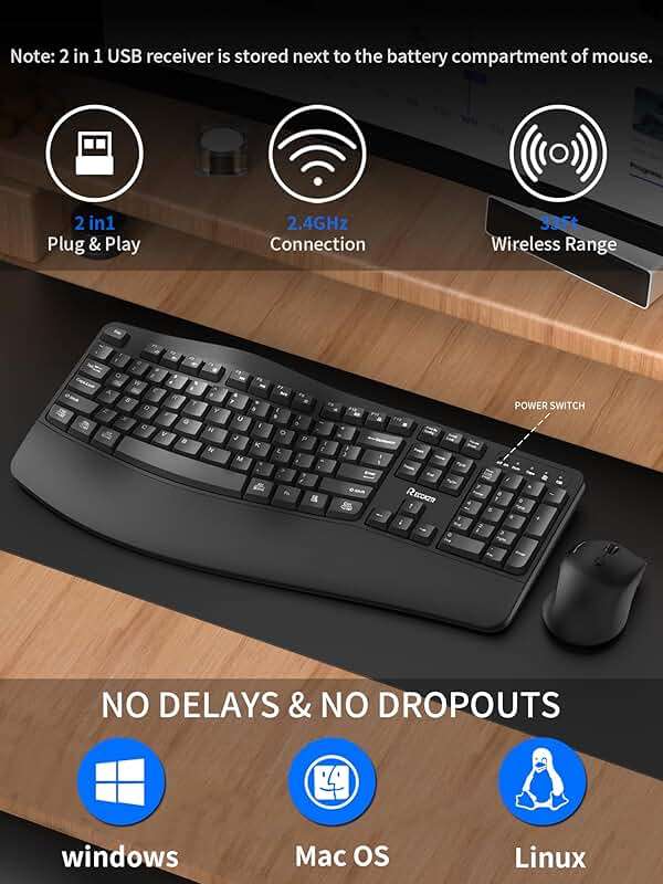 Wireless Keyboard and Mouse Combo,2.4G Full Size Wave Keys Ergonomic Keyboard with Wrist Rest for Natural Typing, 3 DPI Adjustable Ergonomic Silent Mouse for Computer/Laptop/Windows/Mac (Black) - Image 2