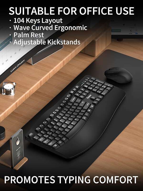 Wireless Keyboard and Mouse Combo,2.4G Full Size Wave Keys Ergonomic Keyboard with Wrist Rest for Natural Typing, 3 DPI Adjustable Ergonomic Silent Mouse for Computer/Laptop/Windows/Mac (Black) - Image 3