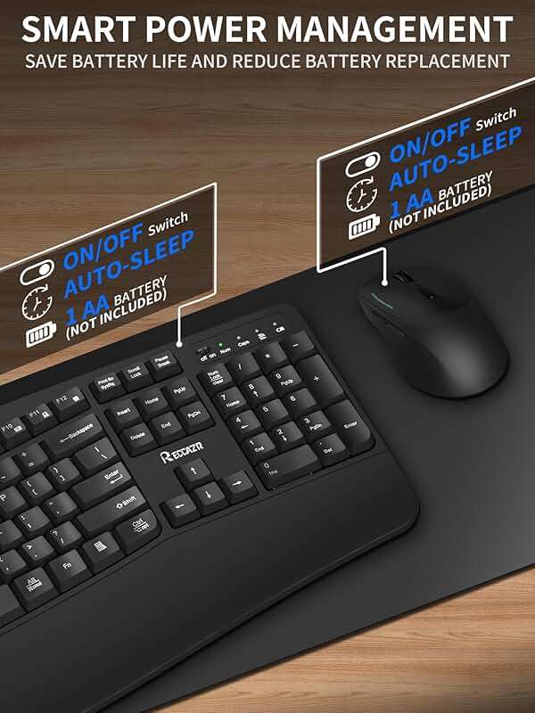 Wireless Keyboard and Mouse Combo,2.4G Full Size Wave Keys Ergonomic Keyboard with Wrist Rest for Natural Typing, 3 DPI Adjustable Ergonomic Silent Mouse for Computer/Laptop/Windows/Mac (Black) - Image 7
