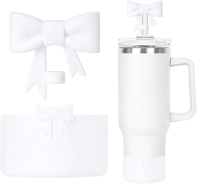 Bow Silicone Protective for Stanley Boot for 20/30/40Oz, Bow Straw Cover Topper for Stanley Cup 10mm/0.4in, 2 Pack Cup Accessories Compatible 12-24Oz for Hydroflask Boot and More (White Set) - Image 1