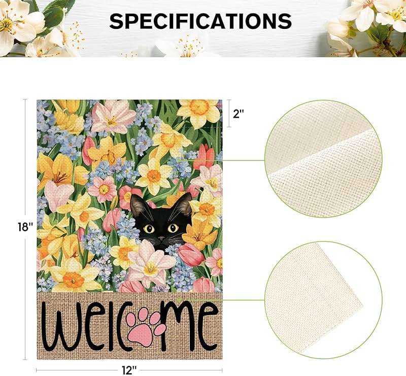 AVOIN colorlife Spring Floral Garden Flag 12x18 Inch Double Sided Outside, Black Cat Welcome Seasonal Yard Outdoor Flag - Image 2