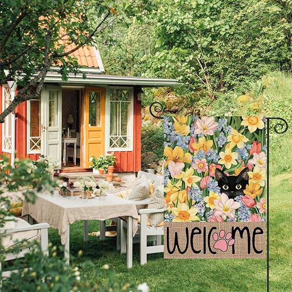 AVOIN colorlife Spring Floral Garden Flag 12x18 Inch Double Sided Outside, Black Cat Welcome Seasonal Yard Outdoor Flag - Image 3