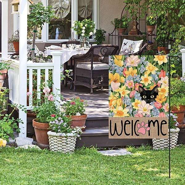 AVOIN colorlife Spring Floral Garden Flag 12x18 Inch Double Sided Outside, Black Cat Welcome Seasonal Yard Outdoor Flag - Image 4