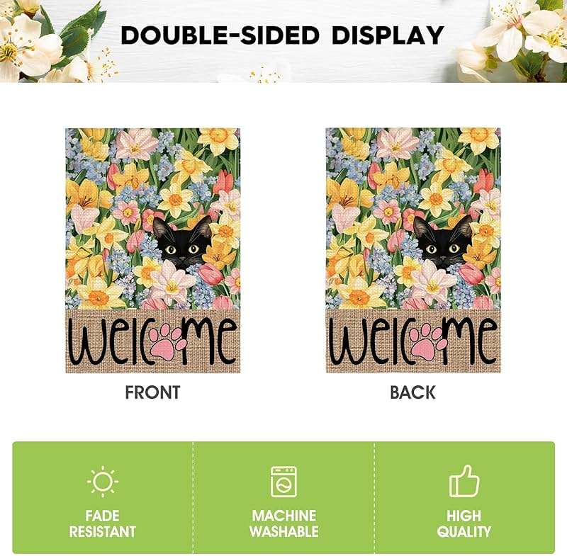 AVOIN colorlife Spring Floral Garden Flag 12x18 Inch Double Sided Outside, Black Cat Welcome Seasonal Yard Outdoor Flag - Image 6
