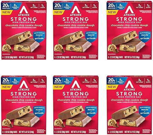Atkins Strong Chocolate Chip Cookie Dough High Protein Bars, 20g Protein, 2g Sugar, 4 Count (Pack of 6) - Image 1