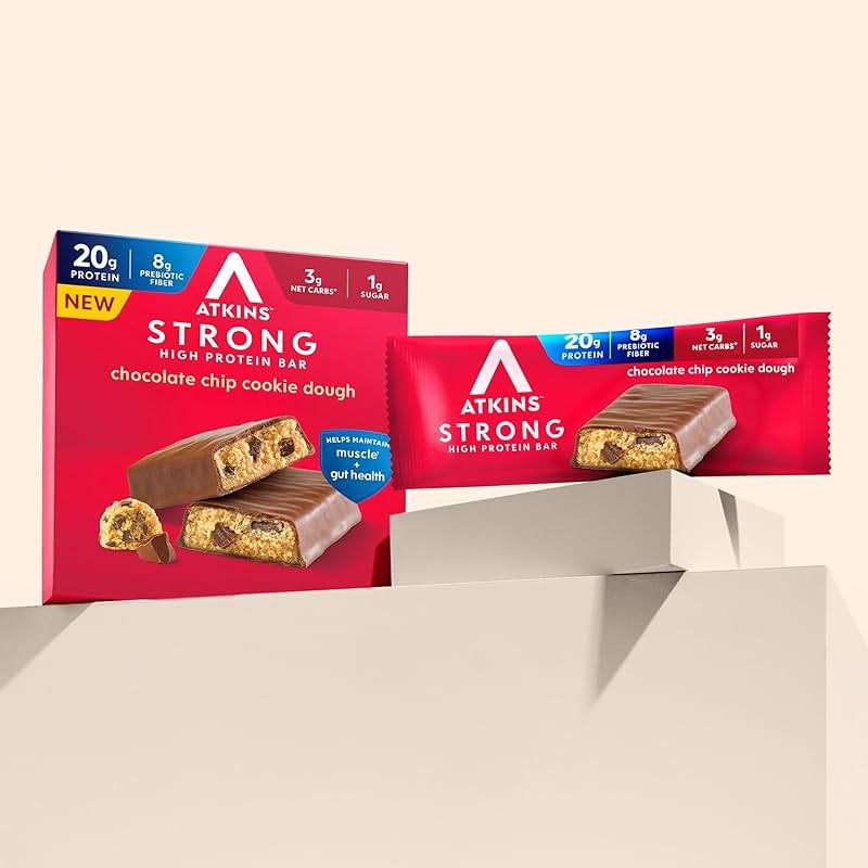 Atkins Strong Chocolate Chip Cookie Dough High Protein Bars, 20g Protein, 2g Sugar, 4 Count (Pack of 6) - Image 4