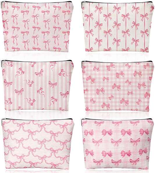 Kacctyen 6 Pack Pink Coquette Bow Makeup Bag Preppy Cosmetic Bags Zipper Pouch Travel Toiletry Bag Pink Trendy Pouch Bag Gift for Coquette Birthday Paty Favor Girls Travel Storage Accessories - Image 1