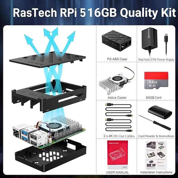 RasTech Raspberry Pi 5 16GB Kit 64GB Edition with Active Cooler,GaN 27W 5.1V5A USB-C Power Supply,Pi5 16GB Board,64GB Card Readers Kit, Case for Pi 5,Dual 4K Micro HD Out Cables and User Manual - Image 2
