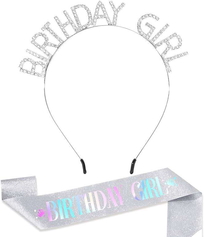 CAVETEE Birthday Girl Crown and Sash， Princess Tiara Happy Birthday Headband Party Accessories for Women and Girls - Image 1