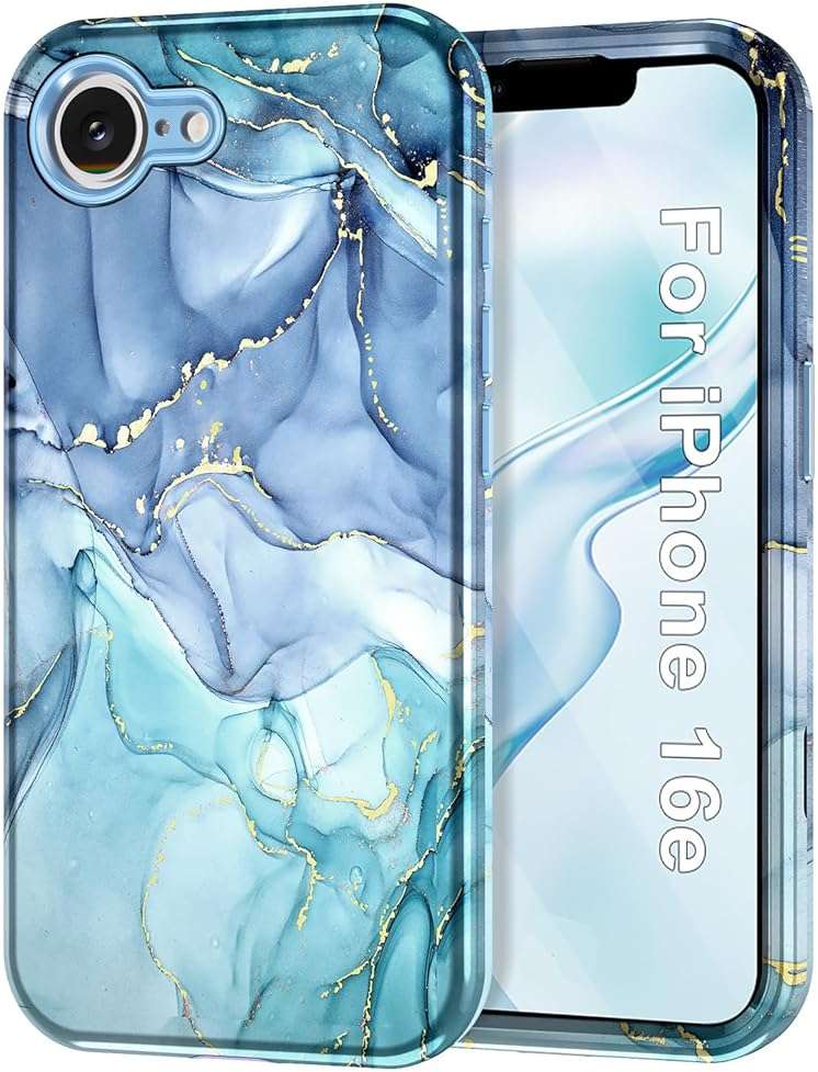Btscase for iPhone 17e Case/iPhone 16e Case,[Military Grade Drop Tested] Marble Pattern Design Slim Rugged Shockproof Women Girls Men Protective Anti-Scratch Cover for iPhone 17e/16e, Blue Cyan - Image 1